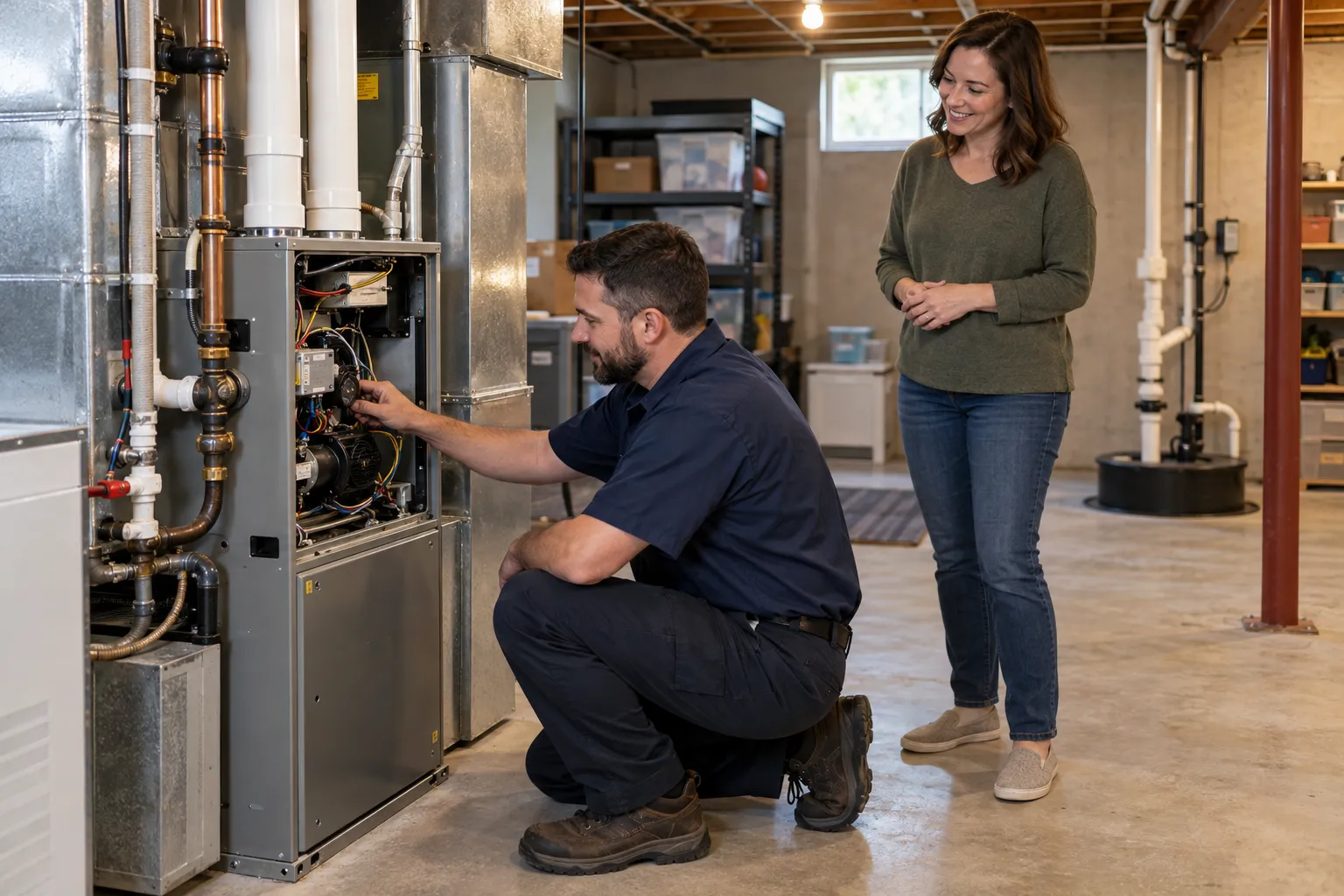 A provider checking a furnace in a basement of a home near Minnetonka