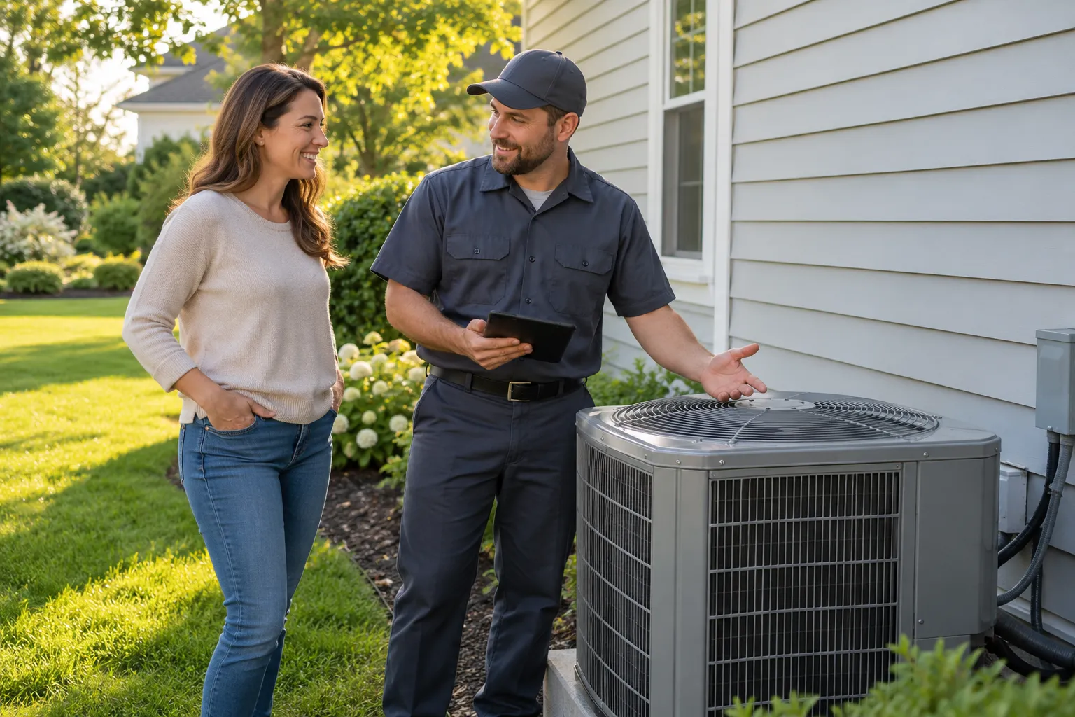 A friendly homeowner talking with an HVAC provider beside an outdoor AC unit at a Minnetonka home